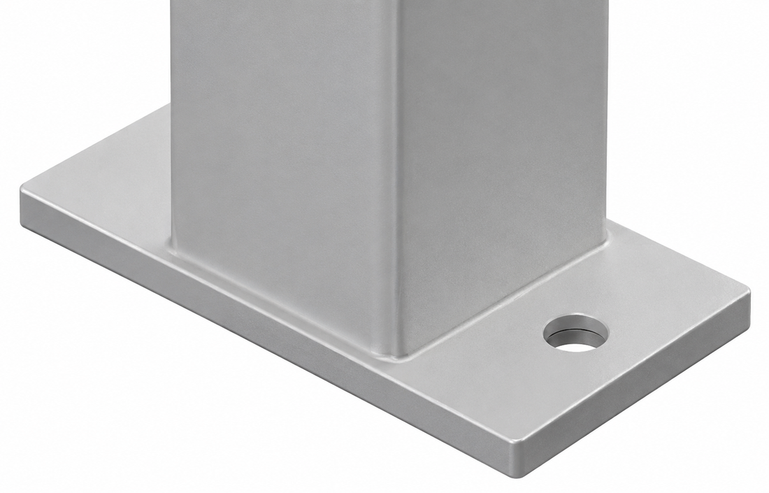Close-up of a silver metal post base with a square mounting plate and a single screw hole, shown on a white background.