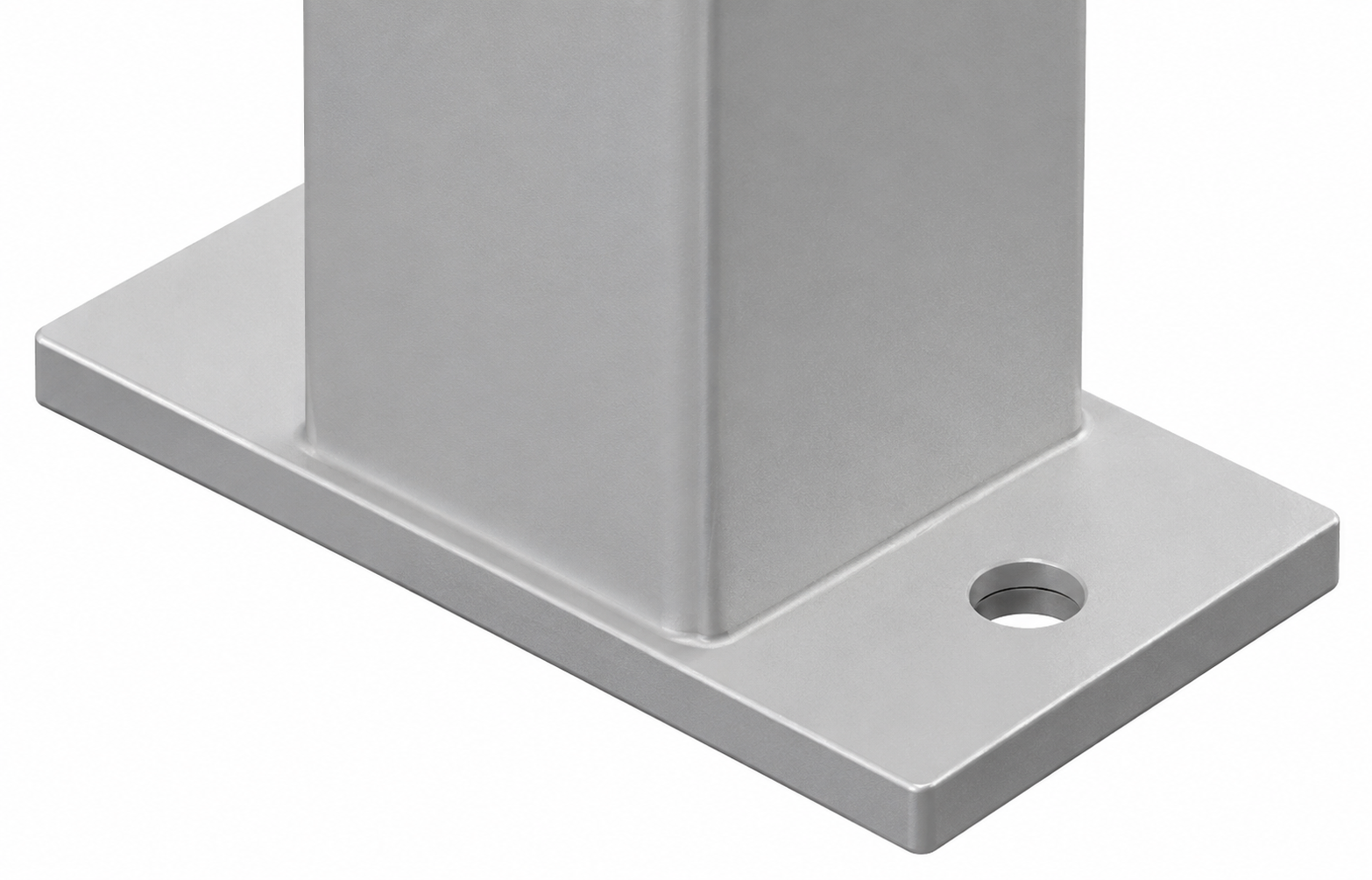 Close-up of a silver metal post base with a square mounting plate and a single screw hole, shown on a white background.