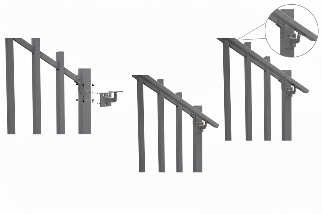 A grayscale technical diagram showing a metal stair railing attachment bracket mounted on a vertical post next to a diagonal stair rail, with a small dimension callout on the right.