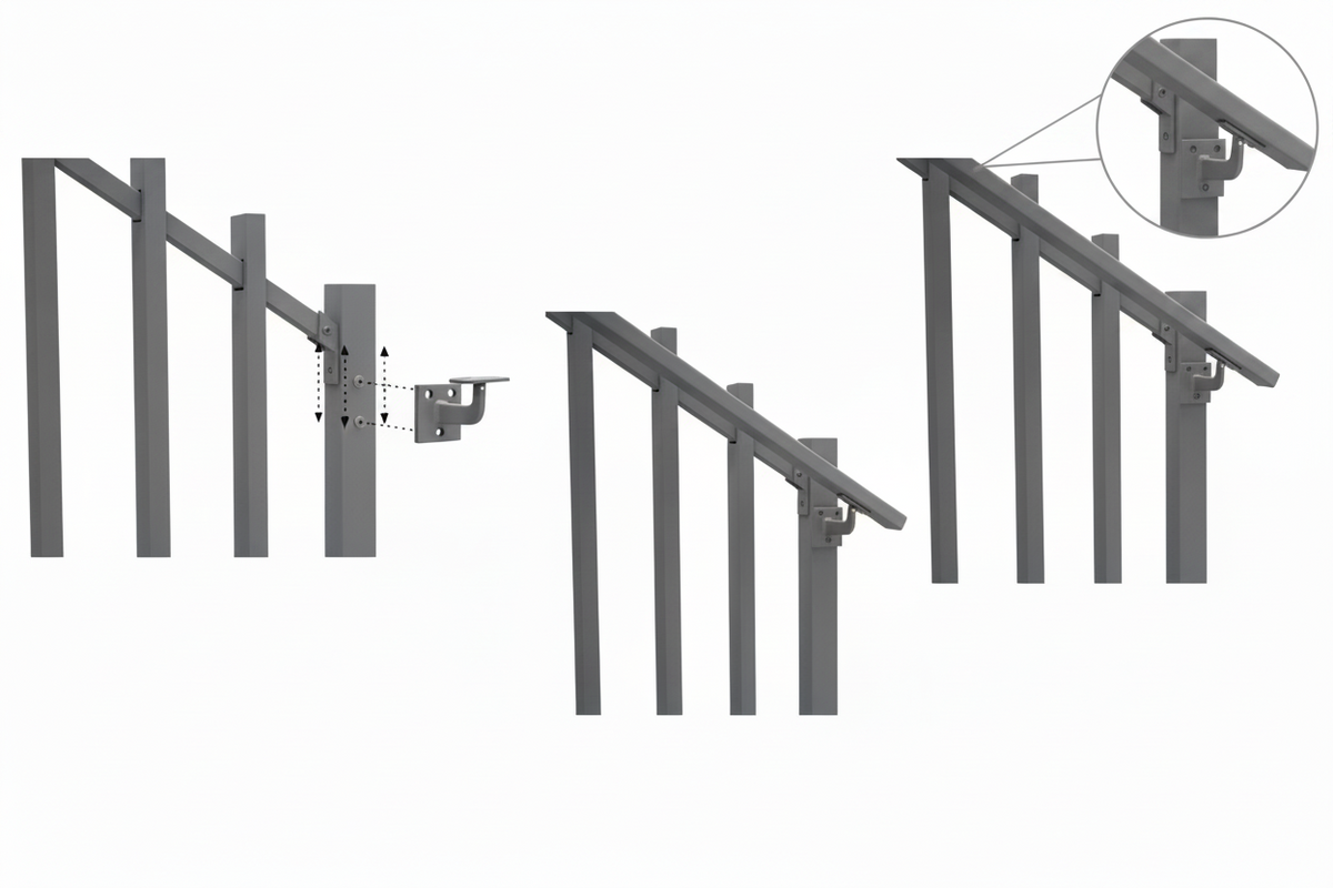 A grayscale technical diagram showing a metal stair railing attachment bracket mounted on a vertical post next to a diagonal stair rail, with a small dimension callout on the right.