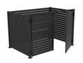 An open-top aluminium equipment enclosure with self-close doors, featuring dark grey slats and hardware.