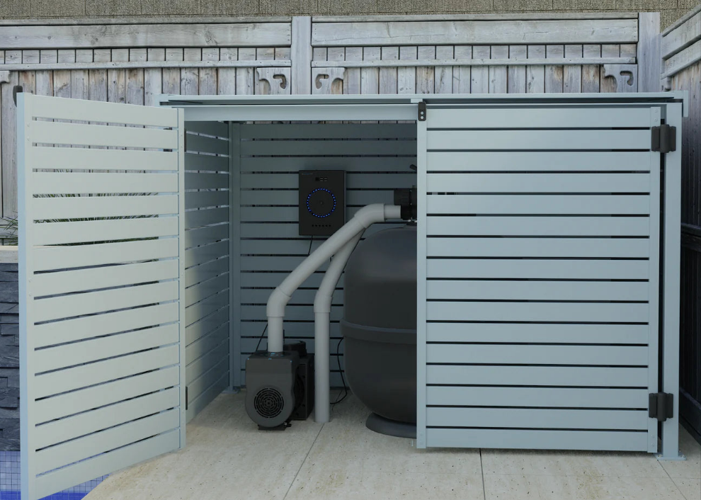 A gray aluminum pool pump cover with a lift-up lid and side door open, revealing a pool pump inside.