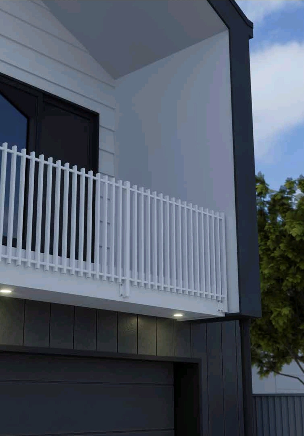 Aluminium balustrade system installed on a staircase, featuring horizontal top and bottom rails with slimline vertical balusters.