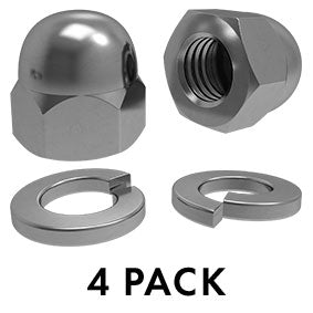 Set of metal nuts and washers with '4 Pack' text on a white background