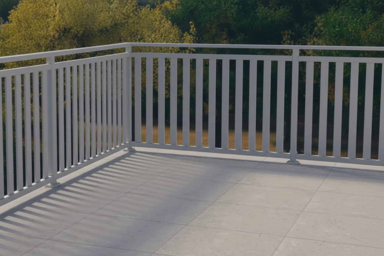 White picket fence on a deck with trees in the background